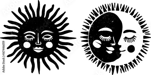 Linocut duality symbols of sun and moon - celestial design for boho and scandinavian decor