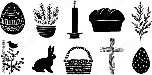 Easter symbols collection in linocut style featuring eggs, candle, and basket for holiday decor