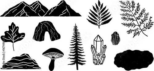 Linocut earth symbols set featuring mountain, rock, tree, and natural elements for boho woodland designs
