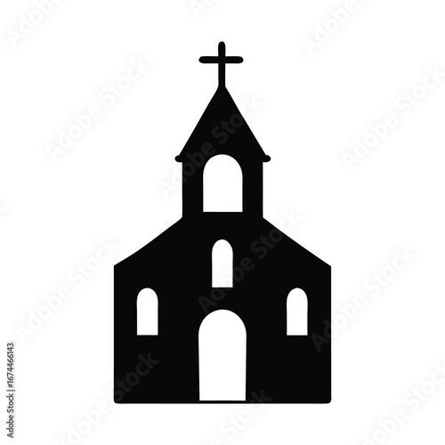 Simple black silhouette of a church with a cross on the top