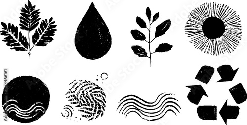 Eco-friendly linocut icons collection featuring leaf, sprout, water drop, and sun for nature-inspired designs
