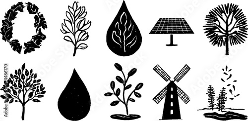 Eco-friendly linocut collection featuring recycling symbols, leaves, solar panels, and windmills