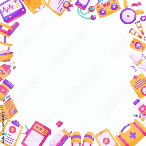 3d colourful frame of doctors clinic medical equipment's, furniture, clipboard, pills. Medical banner template. Healthcare, nursing, world patient safety day, first aid, pharmacy and medicine concept