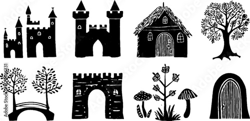 Whimsical linocut fairy tale castle and woodland elements collection for vintage designs
