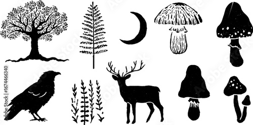 Enchanting fairy tale forest linocut collection with oak, pine, and woodland creatures