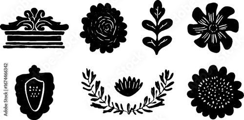 Architectural facade decorations set with cornice and rosette in linocut style for vintage design