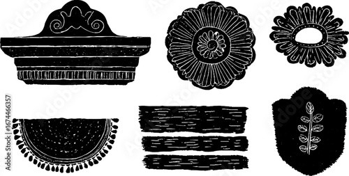 Linocut facade decorations collection with cornice and rosette designs for architectural elements