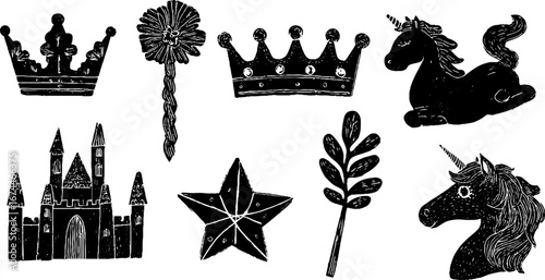 Fairytale linocut icon collection with castle, crown, and dragon for design and decoration