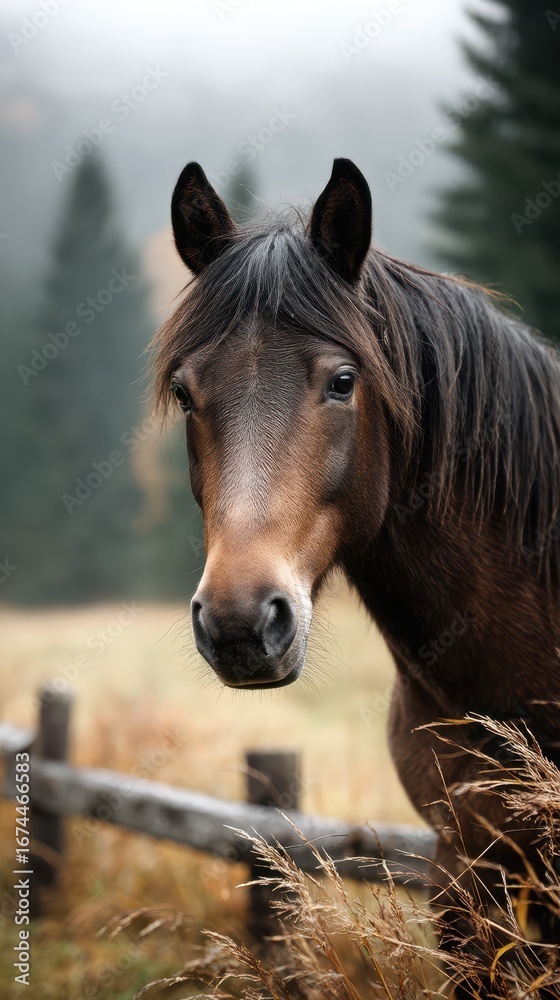Obraz premium Close-up of a brown horse standing in a misty field with green trees in the background during early morning light