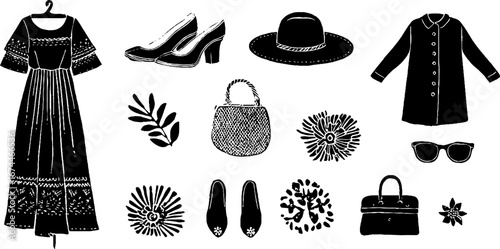 Vintage fashion linocut set with dress, shoes, hat, and accessories for design