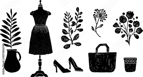 Linocut fashion elements with mannequin and dress design for artistic projects