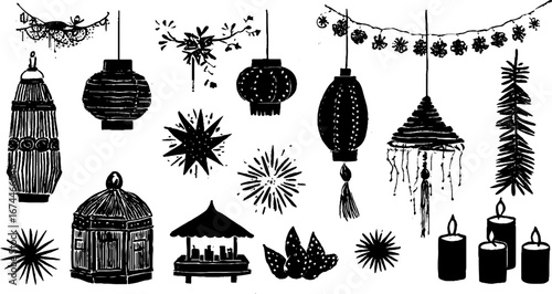 Linocut festival lights collection: fireworks, lanterns, and celestial decorations for celebrations