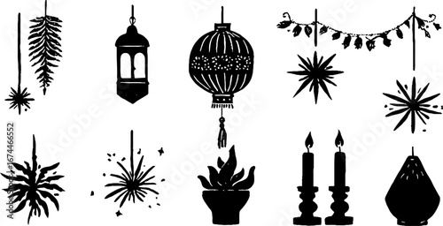 Linocut festival lights collection featuring fireworks and lanterns for holiday celebrations