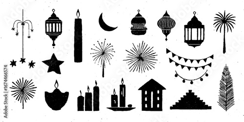 Festive linocut festival lights and fireworks collection for holiday celebrations