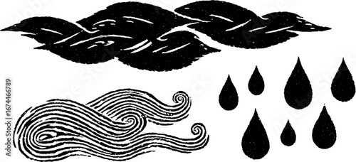 Abstract linocut fluid composition with overlapping wave lines and raindrops