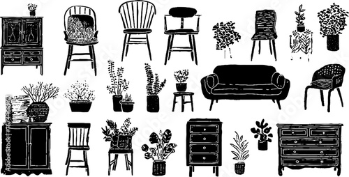Scandinavian boho linocut furniture collection featuring chairs, tables, sofas, and cabinets for vintage interior design