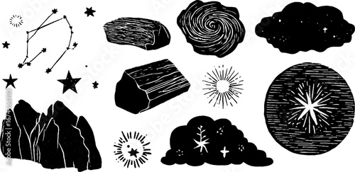 Celestial linocut art set: galaxies, spiral galaxy, starburst, constellations for design projects