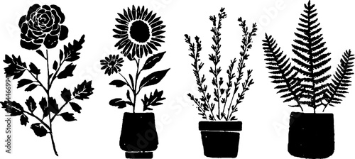 Linocut garden plants set featuring rose, sunflower, lavender, and fern for artistic design projects