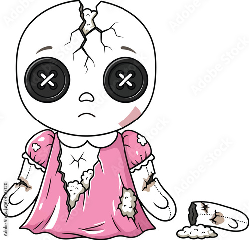 Sad broken cartoon doll with button eyes and a pink dress sits on the floor