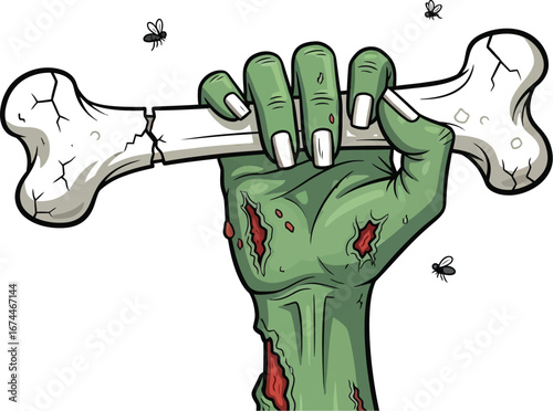 Cartoon zombie hand holds a bone with flies buzzing around on a white background