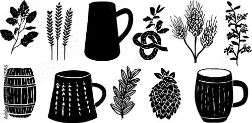 Traditional german beer elements linocut set with mugs, stein, and wheat for design