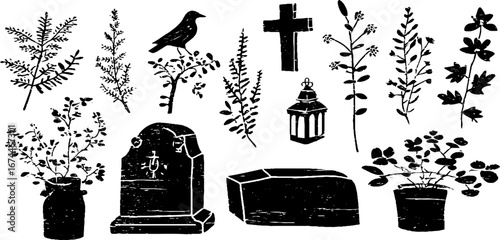 Linocut graveyard elements set with tombstones and crosses - vintage silhouette collection for design and decoration