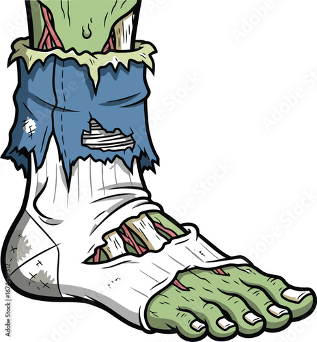 Cartoon illustration of a zombie foot with torn clothes and exposed flesh design