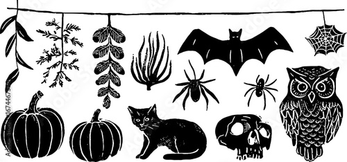 Halloween linocut border design with bats, pumpkins, and spooky elements for festive decoration