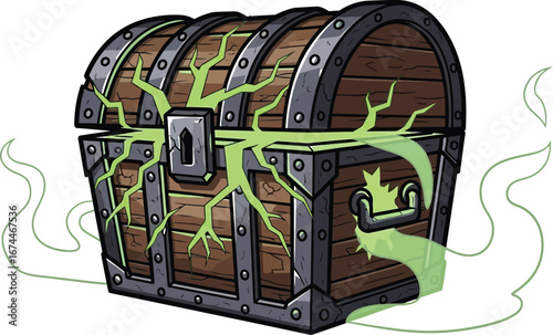 Old wooden treasure chest emits a mysterious green glow and spooky green smoke