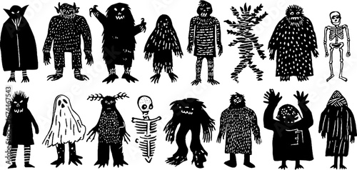 Collection of linocut horror monsters with vampire, werewolf, and zombie for halloween design