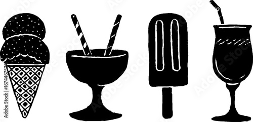 Retro linocut ice cream and beverage set - perfect for summer designs and decor