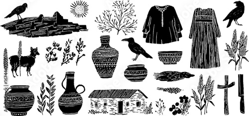 Linocut inca set with terraced fields, llama, sun symbol, and textured elements for design