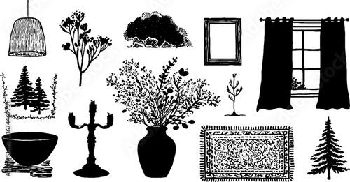 Linocut interior decorations set with candlestick and vase for boho scandinavian design