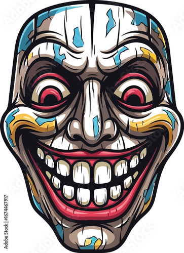 Unsettling mask with a wide toothy grin and piercing red eyes on a white background