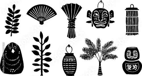 Japanese new year celebration linocut collection featuring kagami mochi and traditional symbols