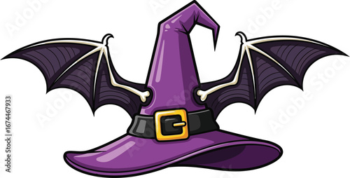 Whimsical witch hat with bat wings for halloween themed designs and decorations