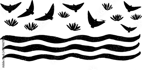 Japanese linocut seamless pattern with waves and sakura for boho textile design