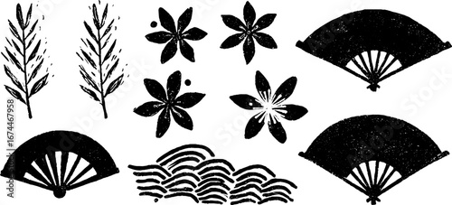 Japanese linocut sakura and waves seamless pattern for design
