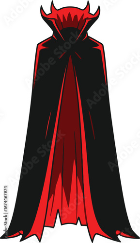 Striking illustration of a black and red devil cape with horns on a white backdrop