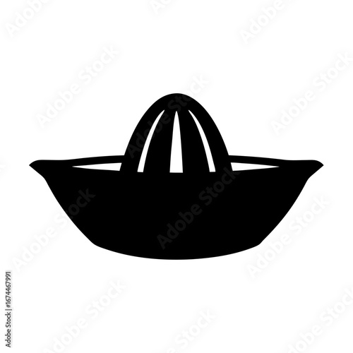 A simple black vector graphic depicting a classic citrus juicer utensil