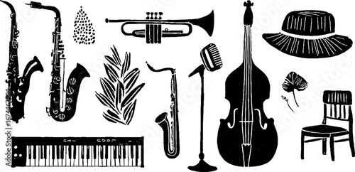 Linocut jazz music collection with saxophone, trumpet, and double bass for artistic design