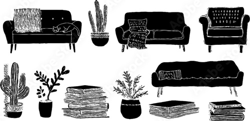Cozy home linocut pattern with sofas and armchairs for interior design projects