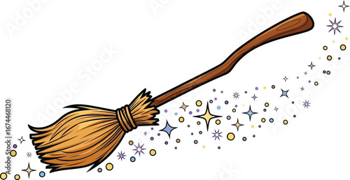 Whimsical witch's broom flies leaving a trail of sparkling stars and magic dust