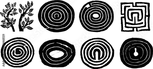 Spiral and geometric labyrinth symbols set for print and design