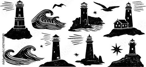 Coastal lighthouses and seagulls - nautical linocut design collection for wall art and crafts