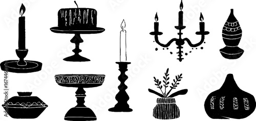 Linocut lighting set with candles and chandeliers for boho interior decor and design
