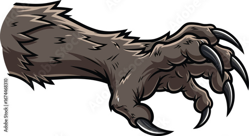 Ferocious beast claw with sharp talons isolated on white cartoon style art
