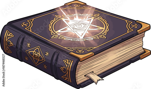 Ornate spellbook with a pentagram and eye glows with magical power on white