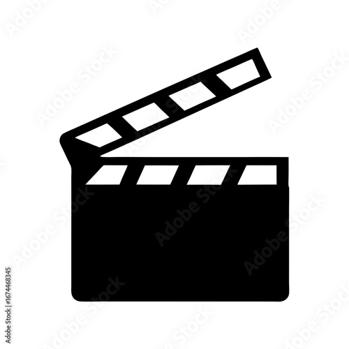 Simple black and white image of an open movie clapperboard symbol