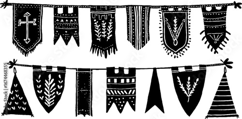 Medieval linocut banners and standards collection for design and decoration
